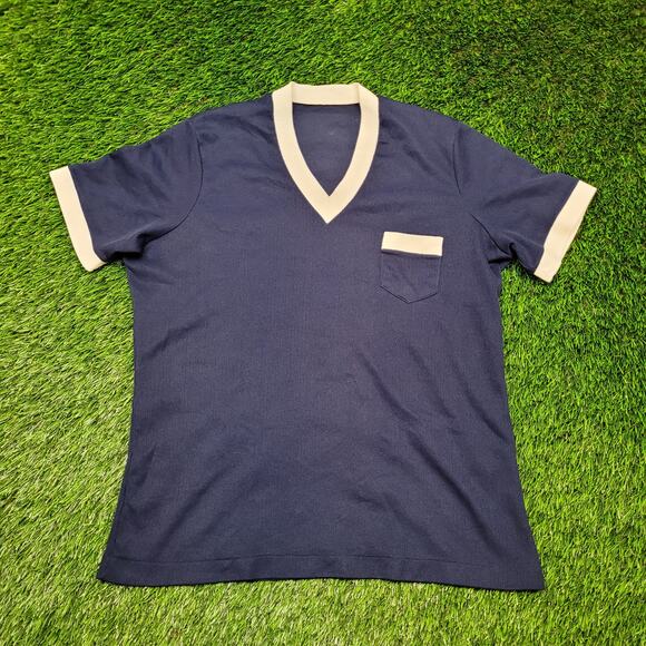 Vintage 70s V-Neck Ringer T-Shirt Womens M Oversized Textured Chest Pocket - Picture 1 of 11